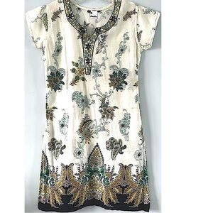 Floral Print Midi Dress - Cream and Green